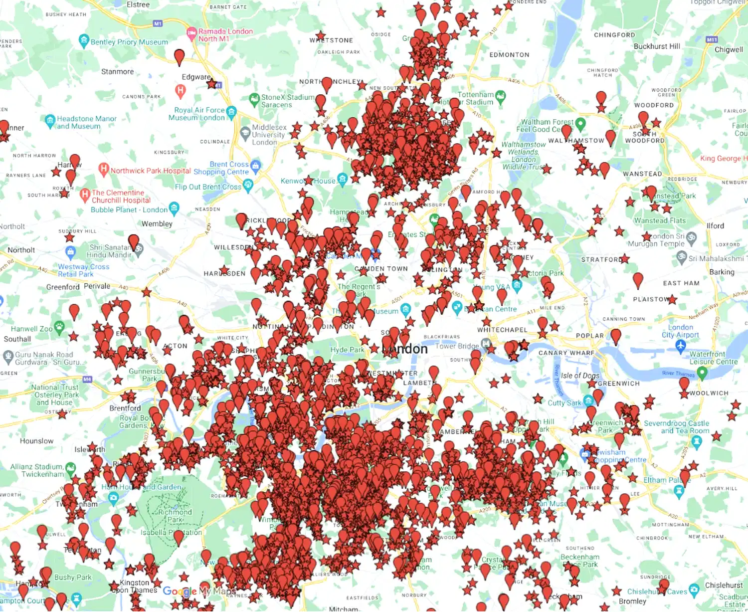 map of London with hundreds of location points